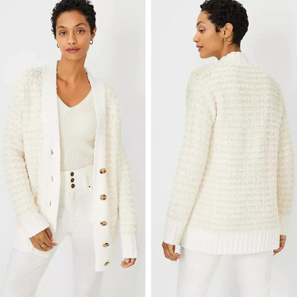 Ann Taylor White Tweed Boyfriend Cardigan Sweater - 29851 - Picture 1 of 15